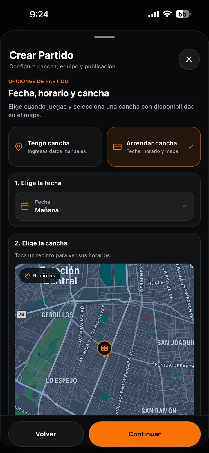 Selección de cancha en mapa