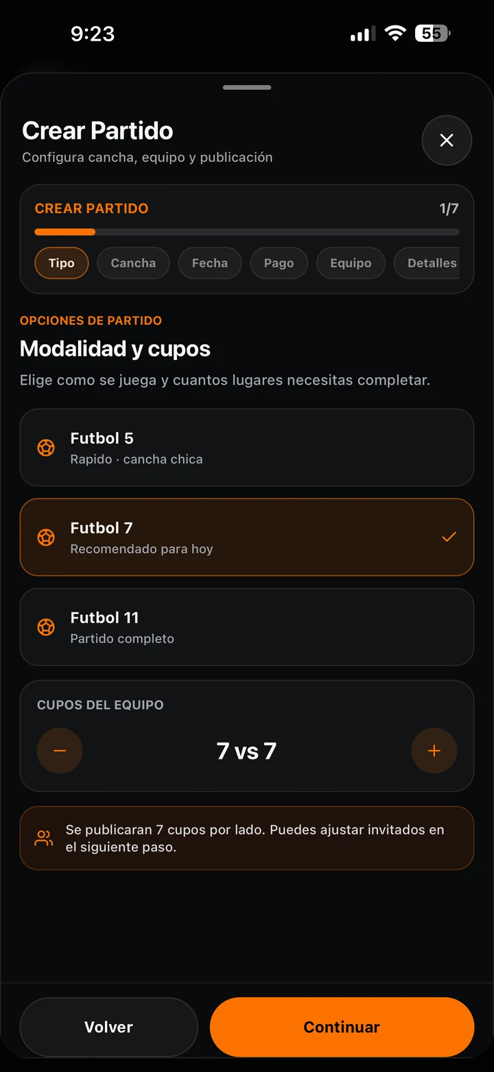 Creación de partido con modalidad y cupos