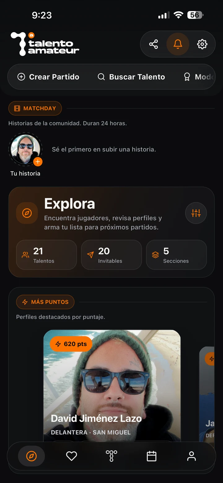 Inicio de Talento Amateur con accesos a crear partido y buscar talento