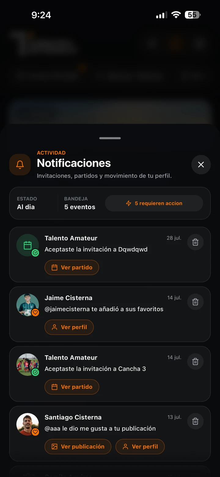 Notificaciones de invitaciones, favoritos y partidos