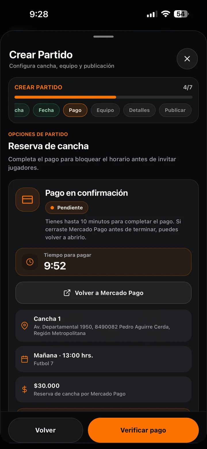 Reserva de cancha con pago pendiente